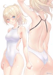 Rule 34 | 1girl, artist name, ass, bare shoulders, blonde hair, blush, braid, breasts, commentary request, competition swimsuit, dan (kumadan), elf, highleg, highleg swimsuit, highres, long hair, looking at viewer, medium breasts, mole, mole on leg, mole under eye, multiple views, one-piece swimsuit, original, parted lips, pointy ears, ponytail, shiny skin, signature, simple background, skin tight, swimsuit, thighs, white background, white one-piece swimsuit