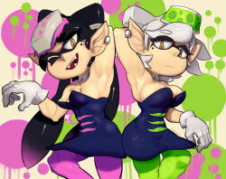 Rule 34 | + +, 2girls, absurdres, arm up, armpit hair, armpits, artist name, bare shoulders, black hair, blue dress, bow-shaped hair, breasts, callie (splatoon), cleavage, closed mouth, cowboy shot, detached collar, dress, earrings, fangs, female focus, gloves, green pantyhose, grey hair, half-closed eye, half-closed eyes, hand up, happy, highres, inkling, jewelry, large breasts, leg up, lilmoonie, long hair, looking at viewer, marie (splatoon), mole, mole under eye, multicolored background, multiple girls, nintendo, object on head, one eye closed, open mouth, pantyhose, pink pantyhose, pointy ears, presenting armpit, short dress, short hair, siblings, sidelocks, signature, single earring, sisters, small breasts, smile, splatoon (series), splatoon 1, splatter background, standing, standing on one leg, strapless, strapless dress, symmetry, teeth, tentacle hair, tentacles, twintails, white gloves, wink, yellow eyes