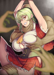 Rule 34 | 1girl, 3boys, arms up, ascot, bound, bound wrists, grabbing another&#039;s breast, breasts, clenched teeth, corset, faceless, faceless male, grabbing, grabbing from behind, green hair, group sex, highres, hip vent, imminent rape, jonylaser, kazami yuuka, large breasts, mole, mole under mouth, molestation, multiple boys, plaid, plaid skirt, plaid vest, red eyes, skirt, solo focus, teeth, torn clothes, touhou, vest
