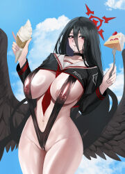 Rule 34 | 1girl, absurdres, between breasts, black choker, black hair, blue archive, blush, breasts, cake, cake slice, choker, cleavage, covered erect nipples, cowboy shot, day, food, fork, gcg, hair between eyes, halo, hasumi (blue archive), highres, holding, holding food, holding ice cream, ice cream, large breasts, long hair, long sleeves, looking at viewer, low wings, navel, outdoors, parted lips, red eyes, red halo, solo, thighs, wings