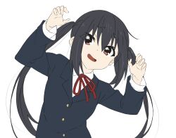 Rule 34 | 1girl, black hair, blazer, buttons, collared shirt, hair between eyes, head tilt, highres, homura minori, jacket, k-on!, long hair, nakano azusa, open mouth, paw pose, red eyes, red ribbon, ribbon, sakuragaoka high school uniform, school uniform, shirt, sidelocks, solo, twintails, upper body, white background
