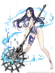 Rule 34 | 1girl, absurdres, barefoot, blue hair, breasts, center opening, eyes visible through hair, fingernails, full body, grey eyes, hair ornament, hair ribbon, hairclip, highres, ji no, kaguya (sinoalice), large breasts, long hair, looking at viewer, nail polish, official art, pigeon-toed, pixels, ribbon, sharp fingernails, sinoalice, skull print, solo, space invaders, staff, swimsuit, white background