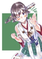 Rule 34 | 1girl, bare shoulders, blush, brown hair, clenched hand, cowboy shot, detached sleeves, frilled skirt, frills, headgear, hiei (kancolle), hiei kai ni (kancolle), japanese clothes, kantai collection, kimono, long sleeves, looking at viewer, nontraditional miko, one eye closed, purple eyes, red ribbon, ribbon, ribbon-trimmed sleeves, ribbon trim, sagamiso, short hair, simple background, skirt, smile, solo, white kimono, wide sleeves
