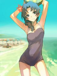 Rule 34 | 00s, 1girl, angry, ball, beach, blue eyes, blue hair, braid, breasts, cleavage, competition school swimsuit, day, hair over shoulder, itachi (3dt), kawashima ami, matching hair/eyes, ocean, one-piece swimsuit, outdoors, sand, school swimsuit, single braid, small breasts, solo, source request, swimsuit, toradora!