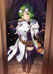 Rule 34 | 1girl, belt, black gloves, blush, boots, breasts, brown footwear, cait aron, candy, closed mouth, costume, doorway, dress, earrings, female focus, fire emblem, fire emblem: the sacred stones, fire emblem heroes, food, full body, gloves, goggles, goggles on head, green eyes, green hair, halloween, halloween costume, highres, jack-o&#039;-lantern, jack-o&#039;-lantern earrings, jewelry, l&#039;arachel (fire emblem), large breasts, lollipop, looking at viewer, mad scientist, matching hair/eyes, nintendo, official alternate costume, ponytail, purple dress, purple gloves, purple thighhighs, skindentation, smile, solo, standing, test tube, thighhighs, zettai ryouiki