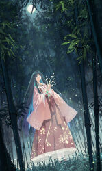 Rule 34 | 1girl, absurdres, bamboo, bamboo forest, black hair, blue eyes, branch, buttons, center frills, fireflies, forest, frilled skirt, frills, full moon, highres, houraisan kaguya, japanese clothes, jeweled branch of hourai, ko kita, long hair, long sleeves, moon, nature, night, open mouth, outdoors, pink shirt, red skirt, shirt, sidelocks, skirt, solo, standing, touhou, wide sleeves