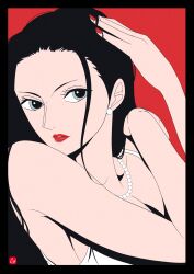 Rule 34 | 1girl, black border, black hair, blue eyes, border, chris re5, close-up, commentary, dress, earrings, hair slicked back, hand on own head, highres, jewelry, long hair, looking at viewer, loose hair strand, necklace, nico robin, one piece, red background, red lips, red nails, white dress