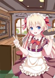 Rule 34 | 1girl, apron, blonde hair, blue eyes, indoors, kauru00, long hair, looking at viewer, maid, maid apron, maid headdress, open mouth, original, smile, solo, v