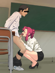 Rule 34 | 1girl, bar censor, black skirt, blush, breasts, censored, chair, chalkboard, classroom, clothes pull, desk, closed eyes, feet, fellatio, folded ponytail, from side, full body, glasses, high heels, highres, indoors, kazami mizuho, legs, licking, mosaic censoring, noshiki, onegai teacher, open mouth, oral, pants, pants pull, penis, pink hair, ponytail, shoes, skirt, sneakers, squatting, standing, thighs