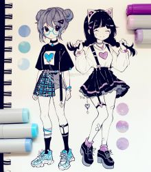 Rule 34 | 2girls, absurdres, animal ear hairband, animal ears, anny (yoai), arms at sides, art tools in frame, artist name, bandaid, bandaid on cheek, bandaid on face, bandaid on leg, bandaid on thigh, belt, black footwear, black hair, black shirt, black skirt, black socks, blunt bangs, blush, bracelet, braid, breasts, cat ear hairband, cat ears, charm (object), choker, clenched hands, color guide, commentary, double bun, earrings, facing viewer, fake animal ears, full body, garter straps, glasses, graphite (medium), grey hair, hair bun, hair intakes, hair ornament, hairband, hairclip, hands up, hatching (texture), heart, heart hair ornament, heart necklace, heart print, high-waist skirt, high heels, highres, holding, holding hair, instagram username, jewelry, layered skirt, legband, linear hatching, long hair, looking at viewer, low twintails, marker, marker (medium), medium breasts, multiple girls, necklace, original, pelvic curtain, pen (medium), photo (medium), pink footwear, pink skirt, pink socks, platform footwear, pleated skirt, polar opposites, shin strap, shirt, shoes, short hair, short shorts, short sleeves, shorts, sidelocks, sideways glance, single garter strap, skirt, sleeve cuffs, small breasts, smile, sneakers, socks, split mouth, standing, suspender skirt, suspenders, symbol-only commentary, thigh strap, traditional media, twin braids, twintails, w arms, watermark, white shirt, wide sleeves