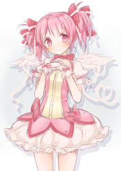 Rule 34 | 10s, 1girl, bad id, bad pixiv id, blush, bubble skirt, choker, gloves, hands on own chest, kaname madoka, magical girl, mahou shoujo madoka magica, mahou shoujo madoka magica (anime), mijinkouka, pink eyes, pink hair, puffy sleeves, short hair, sketch, skirt, smile, solo, toka, twintails, white gloves, wings