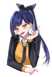 Rule 34 | 1girl, absurdres, bad id, bad twitter id, black bow, black jacket, blue hair, blush, bow, collared shirt, hair bow, headset, heart, high ponytail, highres, jacket, lilpa, open clothes, open jacket, open mouth, orange eyes, shirt, sidelocks, simple background, smile, solo, sugar (dndi888), swept bangs, teeth, upper body, upper teeth only, vest, virtual youtuber, waktaverse, white background, white shirt, yellow vest