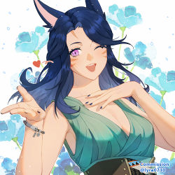Rule 34 | 1girl, animal ears, warrior of light (ff14), black hair, breasts, cat ears, cleavage, commission, facial mark, final fantasy, final fantasy xiv, heart, long hair, looking at viewer, lyra-kotto, medium breasts, miqo&#039;te, one eye closed, open mouth, purple eyes, slit pupils, solo, upper body, whisker markings
