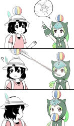Rule 34 | 10s, 3koma, ?, ^^^, black eyes, black hair, bucket hat, chibi, cloud, comic, fingerless gloves, frilled sleeves, frills, gloves, green eyes, green gloves, hat, hat feather, head wings, hood, japanese crested ibis (kemono friends), jitome, kaban (kemono friends), kemono friends, long hair, long sleeves, long tongue, looking at another, looking away, looking up, monochrome, open mouth, panther chameleon (kemono friends), paper balloon, partially colored, pleated skirt, pointing, pointing up, ponytail, profile, red shirt, sailor collar, scroll, shirt, skirt, spoken character, spot color, sweatdrop, tongue, tongue grab, tongue out, wings, y.ssanoha