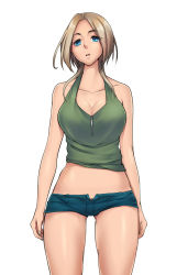Rule 34 | 1girl, absurdres, bare shoulders, blonde hair, blue eyes, breasts, collarbone, highres, large breasts, long hair, medium breasts, midriff, miura hajime, no navel, original, parted lips, short hair, short shorts, shorts, simple background, solo, thighs, white background
