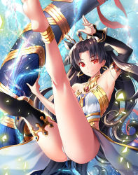 Rule 34 | 1girl, anklet, arm up, armlet, armpits, ass, asymmetrical legwear, asymmetrical sleeves, bare arms, bare legs, bare shoulders, barefoot, black detached sleeves, black hair, black ribbon, black thighhighs, breasts, crown, detached sleeves, earrings, fate/grand order, fate (series), feet, female focus, gem, hair ribbon, highres, hoop earrings, ishtar (fate), jewelry, legs, legs up, long hair, looking at viewer, navel, neck ring, panties, pantyshot, red eyes, revealing clothes, ribbon, single sleeve, single thighhigh, small breasts, smile, solo, strapless, suishougensou, thighhighs, thighlet, tohsaka rin, two side up, type-moon, underwear, uneven legwear, uneven sleeves, very long hair