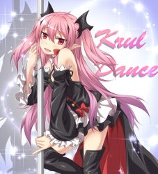Rule 34 | 1girl, boots, detached sleeves, fang, hair ornament, krul tepes, kyuutou (kyuutouryuu), long hair, owari no seraph, parody, pink hair, pointy ears, pole, pole dancing, red eyes, solo, sparkle, stripper pole, thighhighs, twintails, two side up, vampire