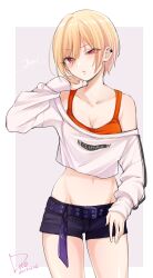 Rule 34 | 1girl, arm behind head, bare shoulders, belt, blonde hair, blush, breasts, character name, cleavage, collarbone, cowboy shot, crop top, dated, dot nose, flip (diiolive), grey background, grid background, hair between eyes, idolmaster, idolmaster shiny colors, long sleeves, looking at viewer, midriff, navel, off shoulder, open mouth, outside border, parted lips, print shirt, purple belt, purple shorts, red eyes, red sports bra, saijo juri, shirt, short hair, shorts, signature, simple background, small breasts, solo, sports bra, white shirt