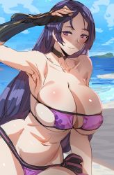 Rule 34 | 1girl, arm up, armlet, armpits, beach, bikini, black gloves, blue sky, bow (bhp), breasts, choker, cleavage, commentary request, eyepatch bikini, fate/grand order, fate (series), fingerless gloves, gloves, large breasts, long hair, low-tied long hair, minamoto no raikou (fate), minamoto no raikou (fate/grand order), minamoto no raikou (swimsuit lancer) (fate), navel, ocean, outdoors, parted bangs, purple bikini, purple eyes, purple hair, shore, side-tie bikini bottom, single glove, sky, smile, strapless, strapless bikini, swimsuit, very long hair, water