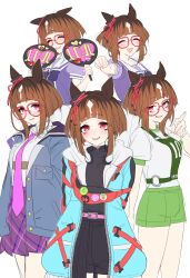 Rule 34 | 1girl, absurdres, animal ears, arms behind back, badge, belt, black shirt, blue coat, breasts, brown hair, button badge, clenched hand, closed eyes, coat, ear ornament, ears down, fanny pack, glasses, green shorts, hand fan, hand up, headphones, headphones around neck, highres, horse ears, long sleeves, looking at viewer, multiple views, necktie, ningen3333, open clothes, open coat, open mouth, outstretched arm, pink necktie, pointing, pointing at viewer, purple shirt, purple skirt, race bib, red eyes, school uniform, shirt, shirt tucked in, short hair, short sleeves, shorts, skirt, small breasts, smile, standing, tracen school uniform, transcend (umamusume), umamusume, upper body, white background, white shirt