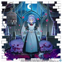 Rule 34 | 1girl, alternate costume, apron, ascot, bat wings, black dress, blue hair, cage, closed mouth, commentary, copyright name, copyright notice, crescent moon, curtains, dress, english commentary, full body, game cg, indoors, juliet sleeves, long sleeves, looking at viewer, maid, moon, night, night sky, own hands together, petals, puffy sleeves, red ascot, red eyes, remilia scarlet, remilia scarlet (maid mistress), rotte (1109), short hair, skull, sky, solo, third-party source, touhou, touhou lostword, white apron, wings