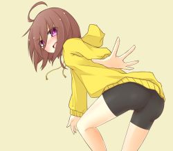 Rule 34 | 1girl, ahoge, ass, bad id, bad pixiv id, bike shorts, blush, breasts, brown hair, french-bread, highres, hood, hood down, hoodie, leaning, leaning forward, linne, mei mu, open mouth, outstretched arm, outstretched hand, purple eyes, red eyes, short hair, sideboob, solo, under night in-birth
