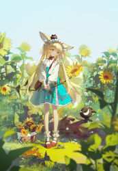 Rule 34 | 1girl, absurdres, animal, animal ears, animal on head, ankle cuffs, aqua skirt, arknights, ash-c, bag, basket, black cat, blonde hair, blue sky, cardigan, cat, cat on head, chinese commentary, commentary, day, field, flats, flower, flower field, fox ears, fox girl, fox tail, frilled hairband, frills, full body, green eyes, hairband, heixiu, high-waist skirt, highres, holding, holding flower, kitsune, log, long hair, long sleeves, luo xiaohei, luo xiaohei zhanji, multiple tails, neck ribbon, on head, open cardigan, open clothes, outdoors, red footwear, red ribbon, ribbon, scenery, shirt, shirt tucked in, shoulder bag, skirt, sky, smile, socks, solo, standing, sunflower, sunflower field, suzuran (arknights), suzuran (spring praise) (arknights), tail, very long hair, white cardigan, white shirt, white socks, yellow flower