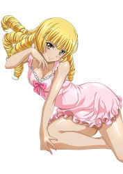 Rule 34 | 00s, 1girl, blonde hair, breasts, cleavage, collarbone, dress, drill hair, eyebrows, ikkitousen, long hair, looking at viewer, minamoto kurou yoshitsune (ikkitousen), pink dress, simple background, small breasts, smile, solo, white background, yellow eyes