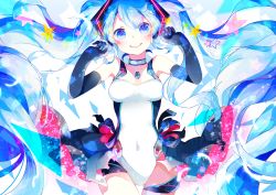 Rule 34 | 1girl, absurdres, blue eyes, blue hair, covered navel, elbow gloves, floating hair, gloves, hatsune miku, highres, hoshino kisora, leotard, long hair, looking at viewer, matching hair/eyes, race queen, racing miku, racing miku (2011), smile, solo, star (symbol), twintails, very long hair, vocaloid