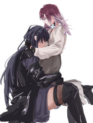 Rule 34 | 2girls, black coat, black footwear, black gloves, black hair, boots, closed mouth, coat, commentary, elbow gloves, gloves, gradient hair, grey skirt, hand on another&#039;s neck, hashtag-only commentary, highres, hug, kelp 454, knee boots, long hair, long sleeves, multicolored hair, multiple girls, path to nowhere, purple hair, rahu (path to nowhere), shalom (path to nowhere), shirt, simple background, sitting, sitting on lap, sitting on person, skirt, smile, white background, white hair, white shirt, yuri
