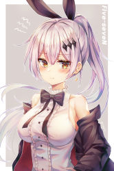 Rule 34 | 1girl, bare shoulders, black bow, black bowtie, black jacket, bow, bowtie, breasts, buttons, character name, closed mouth, dress shirt, earrings, five-seven (girls&#039; frontline), floating hair, frown, girls&#039; frontline, hair ornament, hair ribbon, highres, jacket, jewelry, large breasts, lkeris, long hair, long sleeves, looking at viewer, off shoulder, open clothes, open jacket, orange eyes, ribbon, shirt, sidelocks, silver hair, sleeveless, sleeveless shirt, solo, upper body, white shirt