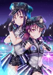 Rule 34 | 2girls, absurdres, alternate hairstyle, choker, clenched hands, commentary, fingerless gloves, fishnet legwear, fishnets, gloves, hair down, hat, highres, kazuno leah, kazuno sarah, long hair, love live!, love live! sunshine!!, love live! sunshine!! the school idol movie over the rainbow, low twintails, multiple girls, night, night sky, pink eyes, punching, purple hair, rama (yu-light8), saint snow, short shorts, short sleeves, shorts, siblings, sidelocks, sisters, sky, spoilers, star (sky), twintails