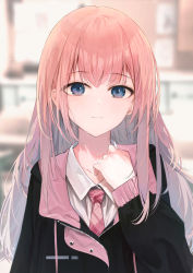 Rule 34 | 1girl, absurdres, black jacket, blue eyes, blurry, blurry background, closed mouth, collared shirt, ears visible through hair, eyes visible through hair, hand up, highres, jacket, long hair, long sleeves, looking at viewer, necktie, neiless neiro, original, pink hair, pink necktie, shirt, solo, upper body, white shirt