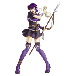 Rule 34 | 1girl, bag, boots, farina (fire emblem), fire emblem, fire emblem: the blazing blade, happy, highres, holding, holding bag, holding weapon, miniskirt, nintendo, official art, open mouth, pigeon-toed, polearm, purple eyes, purple hair, short hair, simple background, skirt, smile, solo, spear, thigh boots, thighhighs, wada sachiko, weapon, white background, zettai ryouiki