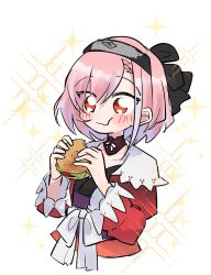Rule 34 | 1girl, :t, black bow, black headband, bow, breasts, brown choker, burger, chizuru (madoka magica), choker, cleavage, closed mouth, cropped torso, down jacket, eating, excited, food, food bite, hair bow, hands up, headband, highres, jacket, japanese clothes, kimono, long sleeves, magia record: mahou shoujo madoka magica gaiden, magical girl, mahou shoujo madoka magica, multicolored hair, pink hair, red eyes, red jacket, sash, short hair, simple background, small breasts, solo, sparkle, streaked hair, swept bangs, ultimate magnum, upper body, waist sash, wavy mouth, white background, white sash