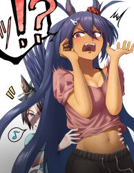 Rule 34 | !?, 2girls, ^^^, animal ears, bare arms, behind another, black hair, blue eyes, blush, bra strap, breasts, breasts squeezed together, cleavage, commentary request, drawstring, fang, fuji kiseki (umamusume), grey hair, grin, hair between eyes, hair ornament, hairclip, hand on another&#039;s stomach, hands up, highres, hishi amazon (umamusume), horse ears, horse girl, horse tail, long bangs, long hair, looking at another, medium breasts, midriff peek, multicolored hair, multiple girls, navel, nitoromanbo, open mouth, pants, parted bangs, pink shirt, pocket, purple hair, red eyes, shirt, simple background, smile, stomach, surprised, t-shirt, tail, tail raised, tan, two-tone hair, umamusume, v-shaped eyebrows, very long hair, white background