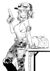 Rule 34 | 1girl, bag, breasts, camouflage, camouflage pants, character request, copyright request, eyewear on head, greyscale, griffin &amp; kryuger, gun, hat, headphones, ihobus, large breasts, magazine (weapon), monochrome, no bra, pants, short hair, sideboob, sleeveless, smile, solo, sunglasses, sunglasses on head, table, third-party source, weapon