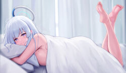 Rule 34 | 1girl, bare shoulders, barefoot, bed, blanket, blue archive, blush, breasts, closed mouth, feet, feet up, halo, highres, hugging object, indoors, large breasts, looking at viewer, lying, nezumi (09261377), noa (blue archive), on stomach, pillow, pillow hug, purple eyes, smile, solo, under covers, white hair