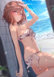 Rule 34 | 1girl, absurdres, arm up, beach, bikini, blurry, blurry foreground, blush, breasts, brown hair, depth of field, dutch angle, fingernails, halterneck, highres, higuchi madoka, idolmaster, idolmaster shiny colors, kunimine yuzuki, looking at viewer, looking to the side, medium breasts, mole, mole under eye, nail polish, outdoors, paid reward available, red eyes, smile, solo, standing, standing on one leg, swimsuit, tile wall, tiles, white bikini