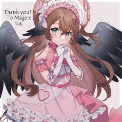 Rule 34 | 1girl, animal ears, bare shoulders, bird ears, black wings, blush, bonnet, bow, bowtie, brown hair, closed mouth, commission, cowboy shot, dress, elbow gloves, gloves, green eyes, grey background, indie virtual youtuber, looking at viewer, magpie (vtuber), pink bow, pink bowtie, pink dress, skeb commission, smile, solo, spread wings, thank you, tooru (jux), virtual youtuber, white gloves, wings