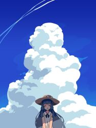 Rule 34 | 1girl, alternate costume, black ribbon, blue sky, blush, closed eyes, cloud, cloudy sky, collared dress, contrail, cumulonimbus cloud, day, dress, facing viewer, hat, highres, ini (inunabe00), kotonoha aoi, low-tied sidelocks, neck ribbon, open mouth, outdoors, ribbon, shade, sky, sleeveless, sleeveless dress, smile, solo, straight-on, straw hat, sun hat, sundress, upper body, v arms, voiceroid, white dress, wide shot
