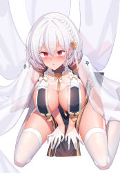 Rule 34 | 1girl, absurdres, azur lane, bad id, bad pixiv id, blush, braid, breast curtains, breasts, china dress, chinese clothes, dress, garter straps, gloves, grey dress, half gloves, highres, kneeling, large breasts, neckwear between breasts, pelvic curtain, red eyes, revealing clothes, see-through, see-through sleeves, short hair, sirius (azur lane), sirius (azure horizons) (azur lane), solo, thighhighs, thighs, tousang, white gloves, white hair, white thighhighs