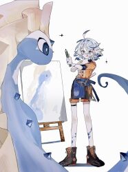 Rule 34 | 1girl, :q, ahoge, apron, aurorus, bag, blue eyes, blue hair, boots, canvas (object), creatures (company), easel, full body, furina (genshin impact), game freak, gen 6 pokemon, genshin impact, grey hair, hair between eyes, hair ornament, hairclip, hayonero police, highres, holding, multicolored hair, nintendo, paint on body, paint splatter, paint splatter on face, pencil, pokemon, pokemon (creature), shirt, short hair, shorts, simple background, standing, thigh strap, tongue, tongue out, waist apron, white hair