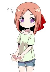 Rule 34 | 1girl, ?, cupping hands, expressionless, female focus, highres, own hands together, pink hair, purple eyes, short shorts, shorts, simple background, solo, utsubo (utb), white background