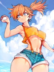 Rule 34 | 1girl, closed mouth, creatures (company), eyelashes, fumio (rsqkr), game freak, green eyes, green shorts, hand up, highres, holding, holding poke ball, looking at viewer, misty (pokemon), navel, nintendo, one eye closed, orange hair, outstretched arms, poke ball, poke ball (basic), pokemon, pokemon (anime), pokemon (classic anime), shirt, shorts, side ponytail, simple background, sleeveless, sleeveless shirt, spread arms, suspenders, tongue, twitter username, yellow shirt