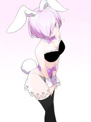 Rule 34 | 1girl, alternate costume, animal ears, bare shoulders, bow, bowtie, bra, breasts, bunny girl, detached collar, fake animal ears, fate/grand order, fate (series), flying sweatdrops, frilled bra, frills, hair over one eye, mash kyrielight, medium breasts, neji (ultramarinesunset), nightgown, panties, purple eyes, purple hair, rabbit ears, rabbit tail, see-through, short hair, solo, tail, thighhighs, underwear, wrist cuffs