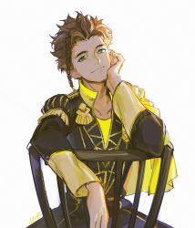 Rule 34 | 1boy, alzi xiaomi, arm up, beige background, black jacket, black pants, braid, brown hair, cape, chair, claude von riegan, closed mouth, collar, collarbone, collared jacket, dark-skinned male, dark skin, ear piercing, earrings, fire emblem, fire emblem: three houses, garreg mach monastery uniform, green eyes, highres, jacket, jewelry, long sleeves, looking at viewer, male focus, multicolored jacket, nintendo, pants, piercing, short hair, side braid, signature, simple background, sitting, smile, solo, spiked hair, thick eyebrows, two-tone jacket, uniform, upper body, yellow cape, yellow jacket