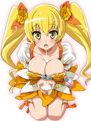 Rule 34 | 10s, 1girl, blonde hair, breasts, brooch, cleavage, cum, cum in mouth, cum on body, cum on breasts, cum on upper body, cum pool, cupping hands, cure sunshine, heart, heart brooch, heartcatch precure!, homing (areya), jewelry, kneeling, large breasts, magical girl, myoudouin itsuki, oral invitation, own hands together, precure, skirt, solo, twintails, yellow eyes