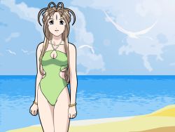 Rule 34 | 1girl, aa megami-sama, beach, belldandy, blue eyes, bracelet, breasts, cleavage, cloud, day, facial mark, forehead mark, highres, jewelry, long hair, medium breasts, ocean, one-piece swimsuit, outdoors, ring, sky, solo, swimsuit