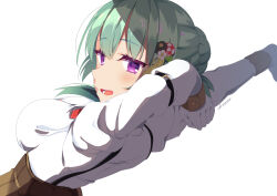 Rule 34 | 1girl, arms up, artist name, blush, breasts, colored eyelashes, commentary request, dutch angle, from behind, gloves, green hair, hair between eyes, hair bun, hand on own arm, highres, impossible clothes, kairosu, large breasts, long sleeves, looking at viewer, looking back, medium hair, nose, open mouth, purple eyes, school uniform, shirt, simple background, single hair bun, skirt, smile, solo, stretching, suspender skirt, suspenders, takadate orie, tenshi souzou re-boot!, upper body, white background, white gloves, white shirt